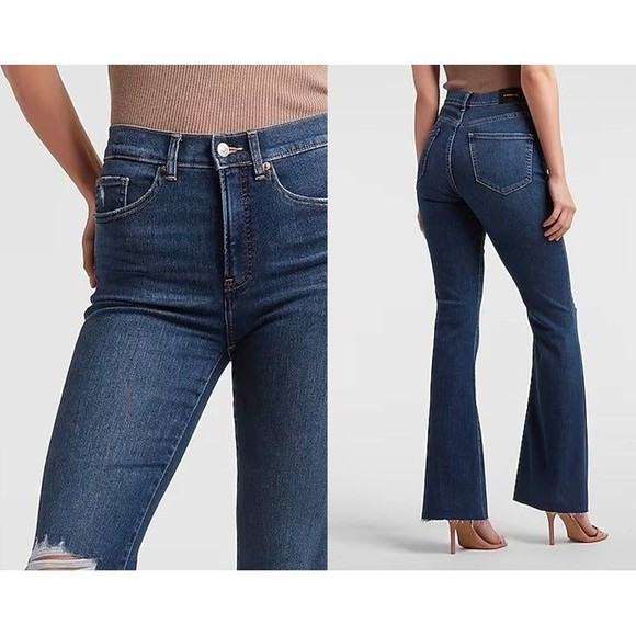 EXPRESS High Rise Flare Supersoft Ripped Knee Raw Hem Bell Bottom Stretch Jeans - Picture 6 of 11